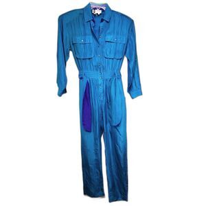 Vintage 80's SK & Company 100% Silk Jumpsuit Blue / Purple Trim Size S